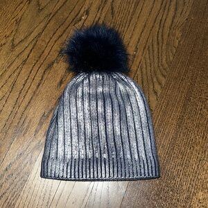 NWOT Women’s Blue and Silver Warm Lined Winter Skullcap Hat With Fuzzy Ball